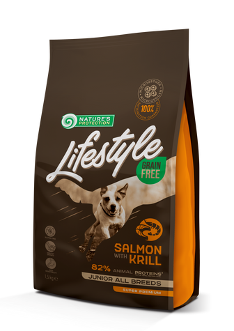 Nature's Protection Lifestyle Grain Free Salmon with Krill Juniors All Breeds Сухий беззерновий корм для юніорів усіх порід з лососем та крилем, 1,5 кг NPLS45686 фото